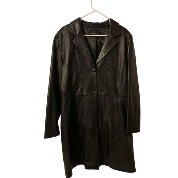 Bod & Christensen Coat Womens 12 Black Leather Button Front Long Jacket Trench - Picture 1 of 6